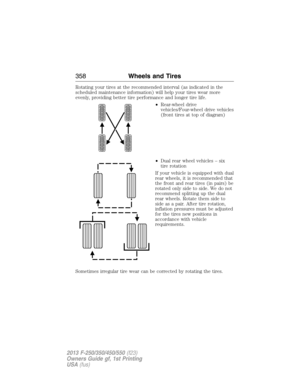 Page 359Rotating your tires at the recommended interval (as indicated in the
scheduled maintenance information) will help your tires wear more
evenly, providing better tire performance and longer tire life.
•Rear-wheel drive
vehicles/Four-wheel drive vehicles
(front tires at top of diagram)
•Dual rear wheel vehicles – six
tire rotation
If your vehicle is equipped with dual
rear wheels, it is recommended that
the front and rear tires (in pairs) be
rotated only side to side. We do not
recommend splitting up the...