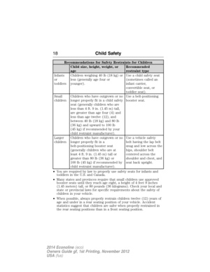 Page 19Recommendations for Safety Restraints for Children
Child size, height, weight, or
ageRecommended
restraint type
Infants
or
toddlersChildren weighing 40 lb (18 kg) or
less (generally age four or
younger).Use a child safety seat
(sometimes called an
infant carrier,
convertible seat, or
toddler seat).
Small
childrenChildren who have outgrown or no
longer properly fit in a child safety
seat (generally children who are
less than 4 ft. 9 in. (1.45 m) tall,
are greater than age four (4) and
less than age twelve...