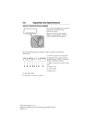 Page 281VEHICLE IDENTIFICATION NUMBER
The vehicle identification number is
located on the driver’s side
instrument panel.
Please note that in the graphic,
XXXX is representative of your
vehicle identification number.
The Vehicle Identification Number (VIN) contains the following
information:
A. World manufacturer identifier
B. Brake system / Gross Vehicle
Weight Rating (GVWR) / Restraint
Devices and their location
C. Make, vehicle line, series, body
type
D. Engine type
E. Check digit
F. Model year
G. Assembly...