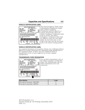 Page 282VEHICLE CERTIFICATION LABEL
The National Highway Traffic Safety
Administration Regulations require
that a Safety Compliance
Certification Label be affixed to a
vehicle and prescribe where the
Safety Compliance Certification Label
may be located. The Safety
Compliance Certification Label shall
be affixed to either the door hinge
pillar, the door latch post, or the
edge of the door near the door latch,
next to the driver’s seating position.
VEHICLE CERTIFICATION LABEL
On completed derivations of incomplete...