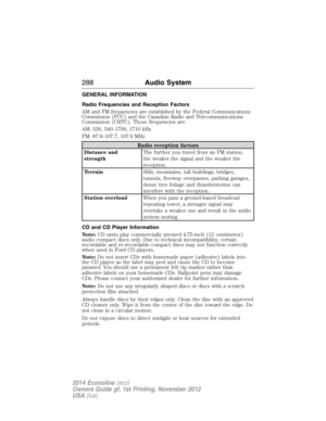 Page 289GENERAL INFORMATION
Radio Frequencies and Reception Factors
AM and FM frequencies are established by the Federal Communications
Commission (FCC) and the Canadian Radio and Telecommunications
Commission (CRTC). Those frequencies are:
AM: 530, 540–1700, 1710 kHz
FM: 87.9–107.7, 107.9 MHz
Radio reception factors
Distance and
strengthThe further you travel from an FM station,
the weaker the signal and the weaker the
reception.
TerrainHills, mountains, tall buildings, bridges,
tunnels, freeway overpasses,...