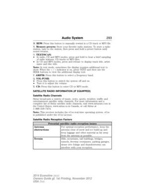 Page 294M.REW:Press this button to manually rewind in a CD track or MP3 file.
N.Memory presets:Store your favorite radio stations. To store a radio
station, tune to the station, then press and hold a preset button until
sound returns.
O.TEXT/SCAN:
•In radio, CD and MP3 modes, press and hold to hear a brief sampling
of radio stations, CD tracks or MP3 files.
•In CD and MP3 modes, press and release to display track title, artist
name and disc title.
Note:In text mode, sometimes the display requires additional text...