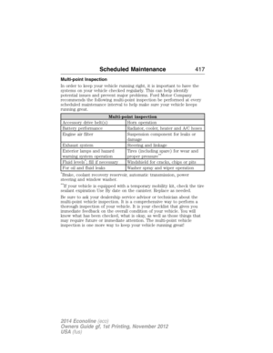 Page 418Multi-point Inspection
In order to keep your vehicle running right, it is important to have the
systems on your vehicle checked regularly. This can help identify
potential issues and prevent major problems. Ford Motor Company
recommends the following multi-point inspection be performed at every
scheduled maintenance interval to help make sure your vehicle keeps
running great.
Multi-point inspection
Accessory drive belt(s) Horn operation
Battery performance Radiator, cooler, heater and A/C hoses
Engine...