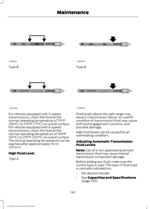 Page 145Type B
For vehicles equipped with 5-speed
transmissions, check the fluid at the
normal operating temperature of 151°F
(66°C) to 170°F (77°C) on a level surface.
For vehicles equipped with 6-speed
transmissions, check the fluid at the
normal operating temperature of 
196°F
(91°C) to 215°F (102°C) on a level surface.
The normal operating temperature can be
reached after approximately 
19 mi
(30 km).
High Fluid Level
Type A Type B
Fluid levels above the safe range may
result in transmission failure. An...