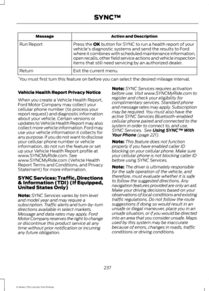 Page 240Action and Description
Message
Press the OK button for SYNC to run a health report of your
vehicle's diagnostic systems and send the results to Ford
where it combines with scheduled maintenance information,
open recalls, other field service actions and vehicle inspection
items that still need servicing by an authorized dealer.
Run Report
Exit the current menu.
Return
* You must first turn this feature on before you can select the desired mileage interval.
Vehicle Health Report Privacy Notice
When you...