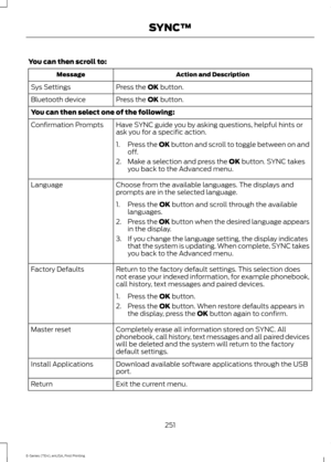 Page 254You can then scroll to:
Action and Description
Message
Press the OK button.
Sys Settings
Press the 
OK button.
Bluetooth device
You can then select one of the following:
Have SYNC guide you by asking questions, helpful hints or
ask you for a specific action.
Confirmation Prompts
1.Press the OK button and scroll to toggle between on and
off.
2. Make a selection and press the 
OK button. SYNC takes
you back to the Advanced menu.
Choose from the available languages. The displays and
prompts are in the...