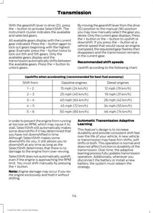 Page 117With the gearshift lever in drive (D), press
the – button to activate SelectShift. The
instrument cluster indicates the available
and selected gears.
All available gears display with the current
gear indicated. Press the – button again to
lock out gears beginning with the highest
gear. Example: press the – button twice to
lock out 6th and 5th gears. Only the
available gears display and the
transmission automatically shifts between
the available gears. Press the + button to
unlock gears.
By moving the...