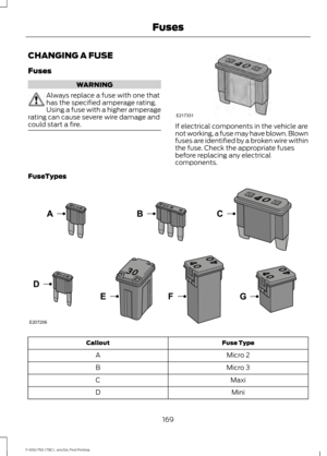 Page 172CHANGING A FUSE
Fuses
WARNING
Always replace a fuse with one that
has the specified amperage rating.
Using a fuse with a higher amperage
rating can cause severe wire damage and
could start a fire. If electrical components in the vehicle are
not working, a fuse may have blown. Blown
fuses are identified by a broken wire within
the fuse. Check the appropriate fuses
before replacing any electrical
components.
FuseTypes Fuse Type
Callout
Micro 2
A
Micro 3
B
Maxi
C
Mini
D
169
F-650/750 (TBC) , enUSA, First...