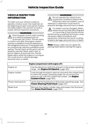 Page 174VEHICLE INSPECTION
INFORMATION
To make sure your vehicle is ready to
operate, conduct a pre-trip inspection at
the beginning of each work period. Follow
the steps listed in this section to verify a
proper vehicle inspection procedure.
WARNINGS
Exercise great caution when working
on a vehicle equipped with an
automatic fan clutch. The fan starts
in motion only after the engine coolant
reaches a predetermined temperature or
the refrigerant pressure (if equipped with
air conditioning) reaches a...