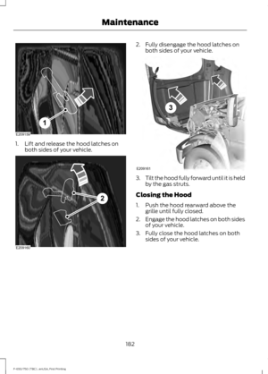 Page 1851. Lift and release the hood latches on
both sides of your vehicle. 2. Fully disengage the hood latches on
both sides of your vehicle. 3.
Tilt the hood fully forward until it is held
by the gas struts.
Closing the Hood
1. Push the hood rearward above the grille until fully closed.
2. Engage the hood latches on both sides
of your vehicle.
3. Fully close the hood latches on both sides of your vehicle.
182
F-650/750 (TBC) , enUSA, First Printing MaintenanceE209159
1 E209160
2 E209161
3  