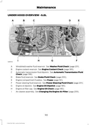 Page 186UNDER HOOD OVERVIEW - 6.8L
Windshield washer fluid reservoir.  See Washer Fluid Check (page 201).
A
Engine coolant reservoir.  See 
Engine Coolant Check (page 189).
B
Automatic transmission fluid dipstick.  See 
Automatic Transmission Fluid
Check (page 198).
C
Brake fluid reservoir.  See 
Brake Fluid Check (page 200).
D
Engine compartment fusebox.  See 
Fuses (page 161).
E
Power steering fluid reservoir.  See 
Power Steering Fluid Check (page 201).
F
Engine oil dipstick.  See 
Engine Oil Dipstick (page...