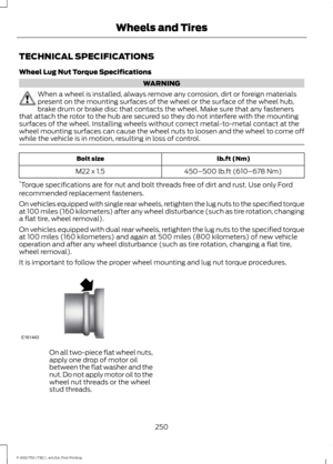 Page 253TECHNICAL SPECIFICATIONS
Wheel Lug Nut Torque Specifications
WARNING
When a wheel is installed, always remove any corrosion, dirt or foreign materials
present on the mounting surfaces of the wheel or the surface of the wheel hub,
brake drum or brake disc that contacts the wheel. Make sure that any fasteners
that attach the rotor to the hub are secured so they do not interfere with the mounting
surfaces of the wheel. Installing wheels without correct metal-to-metal contact at the
wheel mounting surfaces...