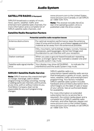 Page 280SATELLITE RADIO (If Equipped)
SIRIUS® broadcasts a variety of music,
news, sports, weather, traffic and
entertainment satellite radio channels. For
more information and a complete list of
SIRIUS satellite radio channels, visit www.siriusxm.com in the United States,
www.siriusxm.ca in Canada, or call SIRIUS
at 1-888-539-7474.
Note:
This receiver includes the eCos
real-time operating system. eCos is
published under the eCos License.
Satellite Radio Reception Factors Potential satellite radio reception...