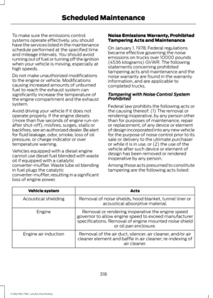 Page 321To make sure the emissions control
systems operate effectively, you should
have the services listed in the maintenance
schedule performed at the specified time
and mileage intervals. You should avoid
running out of fuel or turning off the ignition
when your vehicle is moving, especially at
high speeds.
Do not make unauthorized modifications
to the engine or vehicle. Modifications
causing increased amounts of unburned
fuel to reach the exhaust system can
significantly increase the temperature of
the...