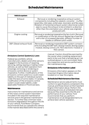 Page 322Acts
Vehicle system
Removal or rendering inoperative exhaust system
components including the catalytic converter - muffler
assembly, inlet pipe, outlet pipe, resonator and flex pipe. Rotation of horizontal exhaust system directional outlet pipe to cause the exhaust to be emitted in a directionother than the orientation your vehicle was originally produced with.
Exhaust
Removal or rendering inoperative the fan clutch. Removalor modification of the fan shroud. Replacing a fixed fan with a fan of increased...