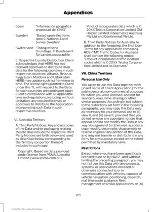 Page 368“Información geográfica
propiedad del CNIG”
Spain
“Based upon electronic
data © National Land
Survey Sweden. ”
Sweden
“Topografische
Grundlage: © Bundesamt
für Landestopographie.
Switzerland
E. Respective Country Distribution. Client
acknowledges that HERE has not
received approvals to distribute map
data for the following countries in such
respective countries: Albania, Belarus,
Kyrgyzstan, Moldova and Uzbekistan.
HERE may update such list from time to
time. The license rights granted to Client
under...