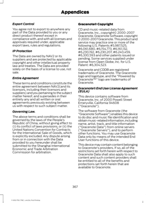 Page 370Export Control
You agree not to export to anywhere any
part of the Data provided to you or any
direct product thereof except in
compliance with, and with all licenses and
approvals required under, applicable
export laws, rules and regulations.
IP Protection
The Data are owned by NAV2 or its
suppliers and are protected by applicable
copyright and other intellectual property
law and treaties. The Data are provided
solely on the basis of a license to use, not
sale.
Entire Agreement
These terms and...