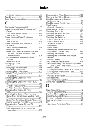 Page 375Hydraulic Brakes..................................................
221
Breaking-In......................................................143
Bulb Specification Chart..........................208
C
California Proposition 65.............................13
Capacities and Specifications - 6.7L Diesel.............................................................263
Engine Oil Specifications................................ 270
Specifications..................................................... 266
Capacities and...