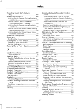 Page 380Reporting Safety Defects (U.S.
Only)...............................................................159
Roadside Assistance...................................148
Vehicles Sold in Canada: Getting Roadside
Assistance........................................................ 148
Vehicles Sold in Canada: Roadside Assistance Program Coverage.................149
Vehicles Sold in Canada: Using Roadside Assistance........................................................ 149
Vehicles Sold in the United States:...