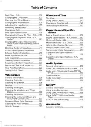 Page 7Fuel Filter - 6.8L...........................................202
Changing the 12V Battery.........................203
Checking the Wiper Blades.....................205
Changing the Wiper Blades.....................205
Adjusting the Headlamps........................205
Removing a Headlamp..............................207
Changing a Bulb...........................................207
Bulb Specification Chart..........................208
Changing the Engine Air Filter - 6.8L....209
Changing the Engine Air...