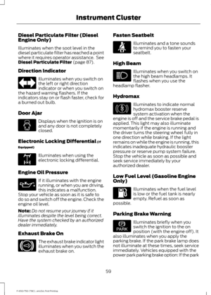 Page 62Diesel Particulate Filter (Diesel
Engine Only)
Illuminates when the soot level in the
diesel particulate filter has reached a point
where it requires operator assistance.  See
Diesel Particulate Filter (page 87).
Direction Indicator Illuminates when you switch on
the left or right direction
indicator or when you switch on
the hazard warning flashers. If the
indicators stay on or flash faster, check for
a burned out bulb.
Door Ajar Displays when the ignition is on
and any door is not completely
closed....