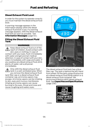 Page 99Diesel Exhaust Fluid Level
In order for the system to operate correctly
you must maintain the diesel exhaust fluid
level.
A warning message appears in the
information display when the diesel
exhaust fluid level is low. If a warning
message appears, refill the diesel exhaust
fluid tank as soon as possible.  See
Information Messages (page 64).
Filling the Diesel Exhaust Fluid
Tank WARNINGS
Keep diesel exhaust fluid out of the
reach of children. Avoid contact with
skin, eyes or clothing. In case of
contact...