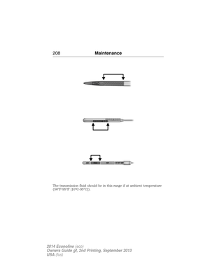 Page 209The transmission fluid should be in this range if at ambient temperature
(50°F-95°F [10°C-35°C]).
208Maintenance
2014 Econoline(eco)
Owners Guide gf, 2nd Printing, September 2013
USA(fus) 