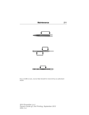 Page 212If an overfill occurs, excess fluid should be removed by an authorized
dealer.
Maintenance211
2014 Econoline(eco)
Owners Guide gf, 2nd Printing, September 2013
USA(fus) 