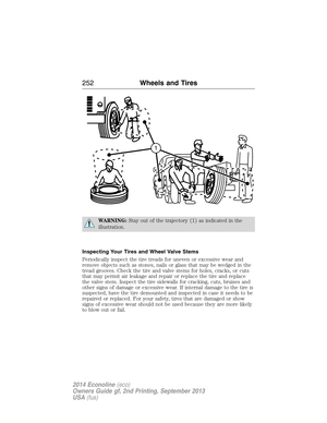 Page 253WARNING:Stay out of the trajectory (1) as indicated in the
illustration.
Inspecting Your Tires and Wheel Valve Stems
Periodically inspect the tire treads for uneven or excessive wear and
remove objects such as stones, nails or glass that may be wedged in the
tread grooves. Check the tire and valve stems for holes, cracks, or cuts
that may permit air leakage and repair or replace the tire and replace
the valve stem. Inspect the tire sidewalls for cracking, cuts, bruises and
other signs of damage or...