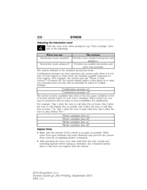 Page 309Adjusting the Interaction Level
Push the voice icon; when prompted, say “Voice settings”, then
any of the following:
When you say: The system:
“Interaction mode standard” Provides more detailed interaction and
guidance.
“Interaction mode advanced” Provides less audible interaction and
more tone prompts.
The system defaults to the standard interaction mode.
Confirmation prompts are short questions the system asks when it is not
sure of your request or when there are multiple possible responses to
your...