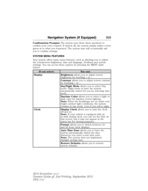 Page 360Confirmation Prompts:The system uses these short questions to
confirm your voice request. If turned off, the system simply makes a best
guess as to what you requested. The system may still occasionally ask
you to confirm settings.
SYSTEM MENU FEATURES
Your system offers many menu features, such as allowing you to adjust
the touchscreen brightness, time and language, feedback and system
settings. You can access these options by pressing the MENU hard
button.
If you select: You can:
Display...