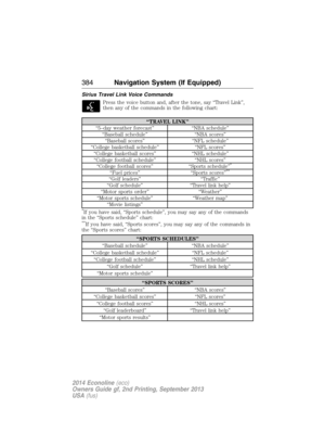 Page 385Sirius Travel Link Voice Commands
Press the voice button and, after the tone, say “Travel Link”,
then any of the commands in the following chart:
“TRAVEL LINK”
“5–day weather forecast” “NBA schedule”
“Baseball schedule” “NBA scores”
“Baseball scores” “NFL schedule”
“College basketball schedule” “NFL scores”
“College basketball scores” “NHL schedule”
“College football schedule” “NHL scores”
“College football scores” “Sports schedule”
*
“Fuel prices” “Sports scores”**
“Golf leaders” “Traffic”
“Golf...