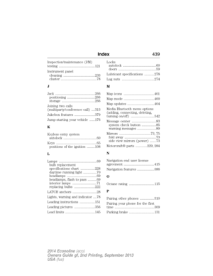 Page 440Inspection/maintenance (I/M)
testing ........................................121
Instrument panel
cleaning ...................................233
cluster ........................................78
J
Jack ............................................266
positioning ...............................266
storage .....................................266
Joining two calls
(multiparty/conference call) ....313
Jukebox features .......................379
Jump-starting your vehicle ......176
K
Keyless entry system...