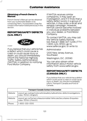 Page 126Obtaining a French Owner
’s
Manual
French Owner ’s Manual can be obtained
from your authorized dealer or by
contacting Helm, Incorporated using the
contact information listed previously in this
section.
REPORTING SAFETY DEFECTS
(U.S. ONLY) If you believe that your vehicle has
a defect which could cause a
crash or could cause injury or
death, you should immediately
inform the National Highway
Traffic Safety Administration
(NHTSA) in addition to notifying
Ford Motor Company.
If NHTSA receives similar...