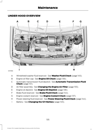 Page 138UNDER HOOD OVERVIEW
Windshield washer fluid reservoir:  See Washer Fluid Check (page 145).
A
Engine oil filler cap: 
 See Engine Oil Check (page 136).
B
Automatic transmission fluid dipstick: 
 See Automatic Transmission Fluid
Check (page 141).
C
Air filter assembly: 
 See Changing the Engine Air Filter (page 155).
D
Engine oil dipstick: 
 See Engine Oil Dipstick (page 136).
E
Brake fluid reservoir: 
 See Brake Fluid Check (page 144).
F
Engine coolant reservoir: 
 See Engine Coolant Check (page 137).
G...