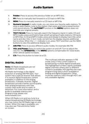 Page 213Folder: Press to access the previous folder on an MP3 disc.
K
FF:
 Press to manually fast forward in a CD track or MP3 file.
L
REW:
 Press to manually rewind in a CD track or MP3 file.
M
Numeric keypad:
 In radio mode, you can store your favorite radio stations. To
store a radio station, tune to the station, then press and hold a preset button
until sound returns. The 
AUTOSET function in the MENU options does not
override your original presets.
N
TEXT/SCAN:
 Press to manually search the frequency band....