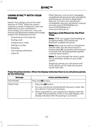 Page 224USING SYNC™ WITH YOUR
PHONE
Hands-free calling is one of the main
features of SYNC. While the system
supports a variety of features, many are
dependent on your cell phone's
functionality. At a minimum, most cell
phones with Bluetooth wireless technology
support the following functions:
•
Answering an incoming call.
• Ending a call.
• Using privacy mode.
• Dialing a number.
• Redialing.
• Call waiting notification.
• Caller ID. Other features, such as text messaging
using Bluetooth and automatic...