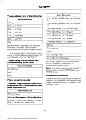 Page 226You can also say any of the following:
Voice Command
Call ___
Call ___ at Home
Call ___ at Work
Call ___ in Office
Call ___ on Mobile
Call ___ on Other
Dial
None of these commands are available
until your cell phone information is
completely downloaded using Bluetooth.
___ is a dynamic listing that should be the
name of a contact in your phonebook. For
example you could say "Call Mom".
The following commands are only
available during active calls: Voice Commands
Go To Privacy
Hold
Join
Phone Menu...