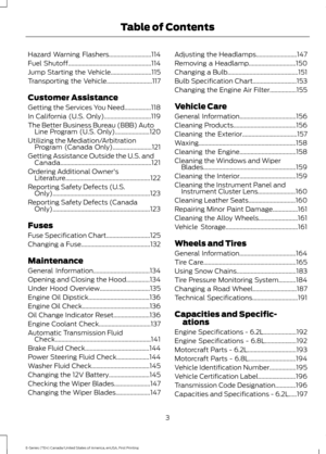 Page 6Hazard Warning Flashers...........................114
Fuel Shutoff
.....................................................114
Jump Starting the Vehicle..........................115
Transporting the Vehicle.............................117
Customer Assistance
Getting the Services You Need
.................118
In California (U.S. Only)..............................119
The Better Business Bureau (BBB) Auto Line Program (U.S. Only)
......................120
Utilizing the Mediation/Arbitration Program (Canada...