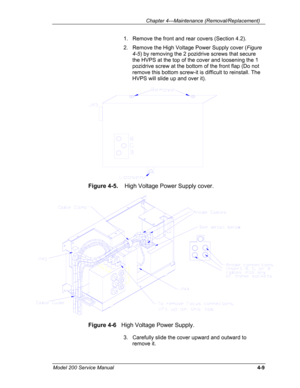 Page 106 Chapter 4---Maintenance (Removal/Replacement) 
1.   Remove the front and rear covers (Section 4.2). 
2.   Remove the High Voltage Power Supply cover (Figure 
4-5) by removing the 2 pozidrive screws that secure 
the HVPS at the top of the cover and loosening the 1 
pozidrive screw at the bottom of the front flap (Do not 
remove this bottom screw-it is difficult to reinstall. The 
HVPS will slide up and over it). 
 
Figure 4-5.    High Voltage Power Supply cover. 
 
Figure 4-6   High Voltage Power Supply....