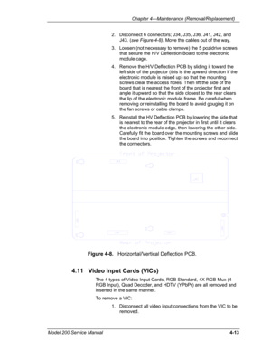 Page 110 Chapter 4---Maintenance (Removal/Replacement) 
2.   Disconnect 6 connectors; J34, J35, J36, J41, J42, and 
J43. (see Figure 4-8). Move the cables out of the way. 
3.   Loosen (not necessary to remove) the 5 pozidrive screws 
that secure the H/V Deflection Board to the electronic 
module cage.  
4.   Remove the H/V Deflection PCB by sliding it toward the 
left side of the projector (this is the upward direction if the 
electronic module is raised up) so that the mounting 
screws clear the access holes....