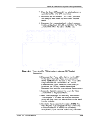 Page 112 Chapter 4---Maintenance (Removal/Replacement) 
7.   Place the Green CRT Assembly in a safe location on or 
against one of the other CRT Assemblies. 
8.   Disconnect the Red and Blue CRT Socket Connectors 
and gently lay them on the top of the Video Amplifier 
Board. 
9.   Disconnect the 3 connectors (push in slightly, squeeze 
the tabs, and pull out), J67, J68, and J69 from the Video 
Amplifier PCB. Move the cables out of the way. 
 
Figure 4-9.   Video Amplifier PCB showing breakaway CRT Socket...