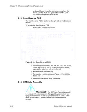 Page 113Chapter 4---Maintenance (Removal/Replacement) 
and carefully cut the socket connectors away from the 
Video Amplifier PCB. The spacers between the CRT 
Socket Connectors can be discarded. 
4.13   Scan Reversal PCB 
The Scan Reversal PCB is located on the right side of the Electronic 
Module. 
To remove the Scan Reversal PCB: 
1.   Remove the projector rear cover. 
 
Figure 4-10.   Scan Reversal PCB. 
2.   Disconnect 7 connectors; J52, J54, J64, J65, J66, J50 (or 
J50A), and J100 (or J101). To remove,...