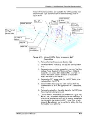 Page 114 Chapter 4---Maintenance (Removal/Replacement) 
Three CRT/Yoke Assemblies are located in the CRT Assembly area 
below the card cage. To remove a CRT/Yoke Assembly (refer to 
Figure 4-11): 
 
Red ILA 
Green ILA 
Metal-Framed 
Air Filter 
behind grille. 
CRT/Yoke 
Assemblies 
Air Filter on 
bottom. 
Cable Harness 
to Scan 
Reversal PCB Relay 
Lenses Rollbar Bracket 
CRT Lens 
Stopper Ring 
Blue ILA 
Video Amplifier 
PCB below 
CRTs
Figure 4-11.   View of CRTs, Relay lenses and ILA® 
Assemblies. 
1....
