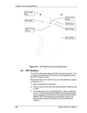 Page 87Chapter 3 Service Adjustments 
 
CRT Holder 
Ring 
Focus Lock 
ScrewSet Screw 
Set Screw 
CRT Thumb 
Screw 
Guide Plate 
CRT Shield 
Figure 3-5.   CRT Mechanical Focus adjustments. 
3.6 CRT Rotation 
The CRT tilt adjustment aligns the CRT level with the screen. This 
is a factory-set adjustment and should not need adjusting unless 
the CRT or yoke is moved. 
Remove the rear cover (Section 4.2) and tilt the electronic module 
up (Sections 3.3).  
1. Select Test Pattern 8, Center/Lin. 
2. View the color...