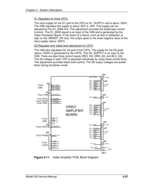 Page 39Chapter 2---System Description
Model 230 Service Manual2-27
G1 Regulator for three CRTs
The input supply for the G1 grid of the CRTs is G1_SUPPLY and is about -200V.
The VAB regulates this supply to about -80V to -30V. This supply can be
adjusted by the G1_BIAS line. This adjustment provides the brightness control
function. The G1_BIAS signal is an input of the VAB and is generated by the
Video Processor Board. In the event of a failure, such as lack of deflection (a
high on the /SWEEP_OK line), this...