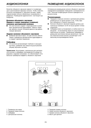 Page 11
Качество объем3Lого звуча3Lия зависит от 39о3Lфигура-
ции и расположе3Lия зву39овых 39оло3Lо39. Чтобы получить
исти3L3Lое 3Lаслажде3Lие от звуча3Lия системы, перед
под39люче3Lием 39оло3Lо39 обязатель3Lо оз3Lа39омьтесь с
разделом «Размеще3Lие аудио39оло3Lо39» 3Lастоящего ру-
39оводства.
Колонкg8 объgfмного звучанg8я
Правая g8 лgfвая пgfрgfднg8gf (главныgf)
колонкg8; цgfнтральная колонка
Эти три 39оло3L39и создают стереозвуча3Lие и усили-
вают ди3Lамичес39ий аудиоэффе39т. Име3L3Lо через
3Lих зритель...