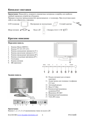 Page 6H-LCD1508 (www.hyundai-electronics.ru)                                                                       РУССКИЙ 6Комплект поставкиПримечание:Пожалуйста, сохраните упаковочные материалы и коробку для наиболее
удобной перевозки устройства в будущем.
Проверьте наличие принадлежностей, прилагающихся  к телевизору. При отсутствии каких
либо из них обратитесь к продавцу.
LCD телевизор                          Инструкция по эксплуатации                  Сетевой адаптер
Шнур питания...