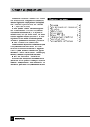 Page 262627
Общая информацияОбщая информация
Появление на экране «елочки» или частич-
ное исчезновение изображения может быть 
связано с работой медицинского оборудова-
ния в близлежащей больнице или клинике. •  «СНЕГ» НА ЭКРАНЕ
В зоне приема слабых сигналов отдален-
ных телевизионных станций изображение 
становится нестабильным, а на экране по-
являются мерцающие белые пятна, так назы-
ваемый эффект «падающего снега». В этом 
случае помогает более точная настройка 
антенны и применение антенного усилителя. •...