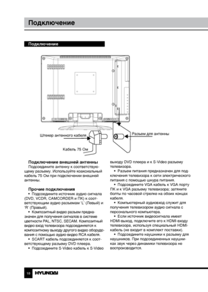 Page 181819
ПодключениеУправление устройством
Подключение
Подключение внешней антенны
Подсоедините антенну к соответствую-
щему разъему. Используйте коаксиальный 
кабель 75 Ом при подключении внешней 
антенны.
Прочие подключения•  Подсоедините источник аудио сигнала 
(DVD, VCDR, CAMCORDER и ПК) к соот-
ветствующим аудио разъемам ‘L’ (Левый) и 
‘R’ (Правый). •  Композитный видео разъем предна -
значен для получения сигналов в системе 
цветности PAL, NTSC, SECAM. Композитный 
видео вход телевизора подсоединяется...